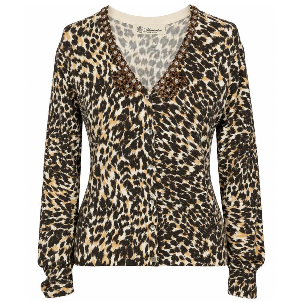 Blumarine Vintage Foil & Beaded Collar Leopard Printed Cardigan